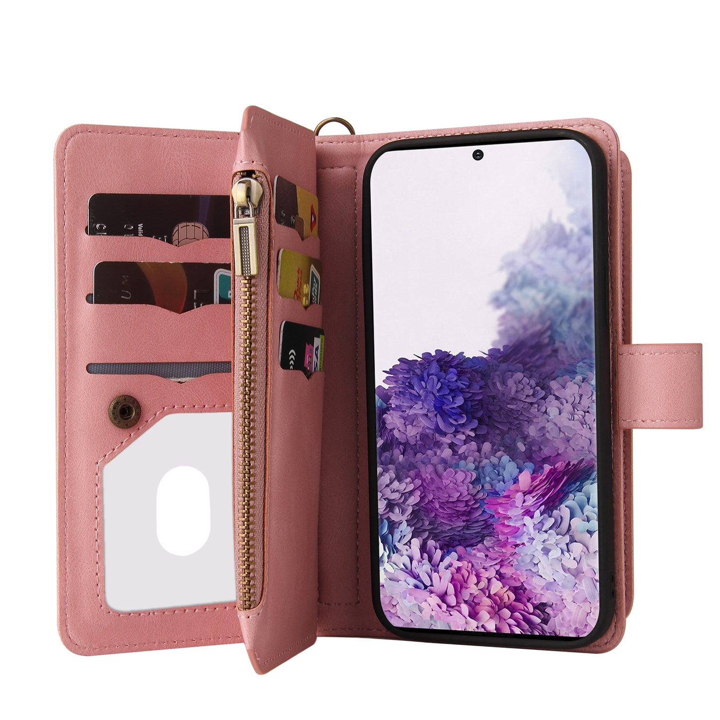 KT Multi-functional Series-2 PU Leather Flip Phone Case for Samsung Galaxy S20 Plus 4G/5G, Skin-touch Feel Drop Protection Cover with Zipper Pocket and Multiple Card Slots - Pink