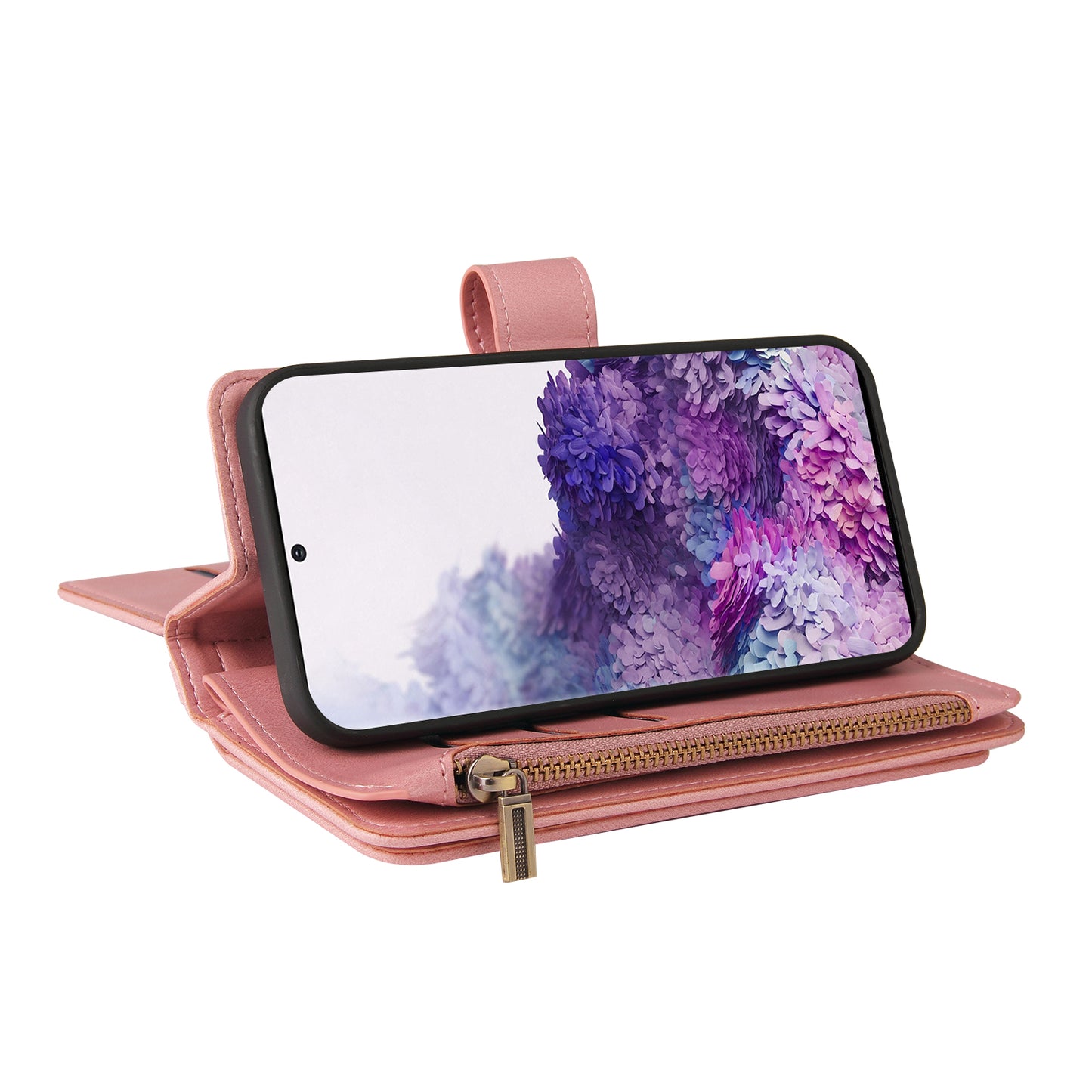KT Multi-functional Series-2 PU Leather Flip Phone Case for Samsung Galaxy S20 Plus 4G/5G, Skin-touch Feel Drop Protection Cover with Zipper Pocket and Multiple Card Slots - Pink