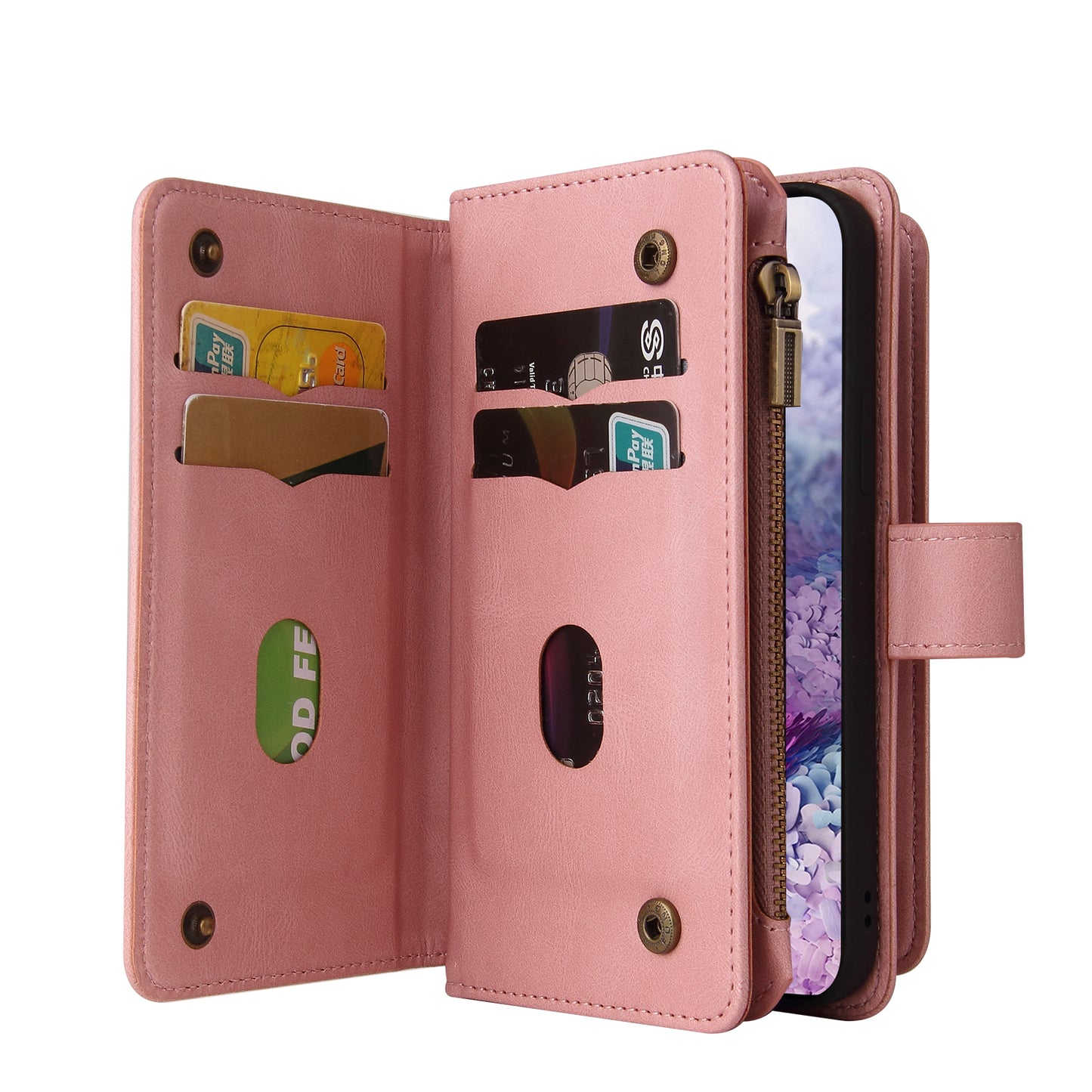 KT Multi-functional Series-2 PU Leather Flip Phone Case for Samsung Galaxy S20 Plus 4G/5G, Skin-touch Feel Drop Protection Cover with Zipper Pocket and Multiple Card Slots - Pink