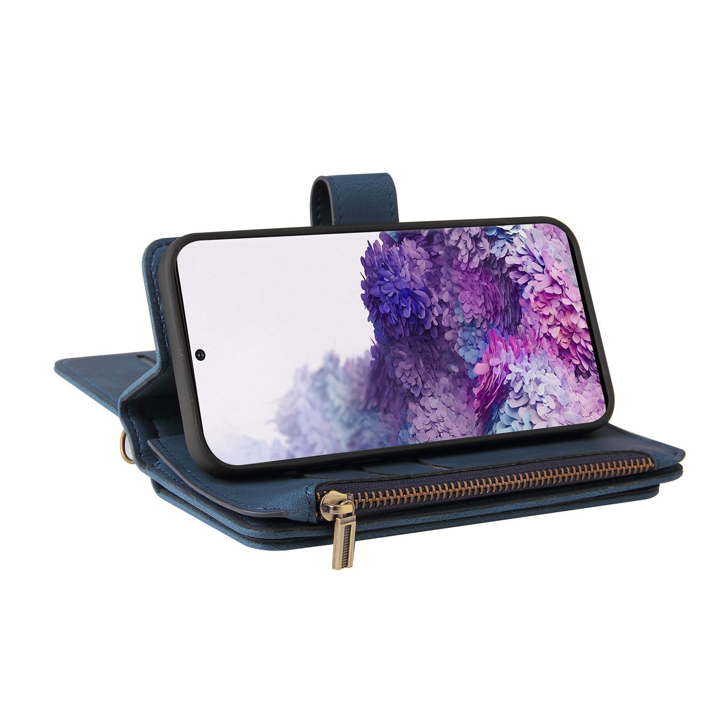 KT Multi-functional Series-2 PU Leather Flip Phone Case for Samsung Galaxy S20 Plus 4G/5G, Skin-touch Feel Drop Protection Cover with Zipper Pocket and Multiple Card Slots - Blue