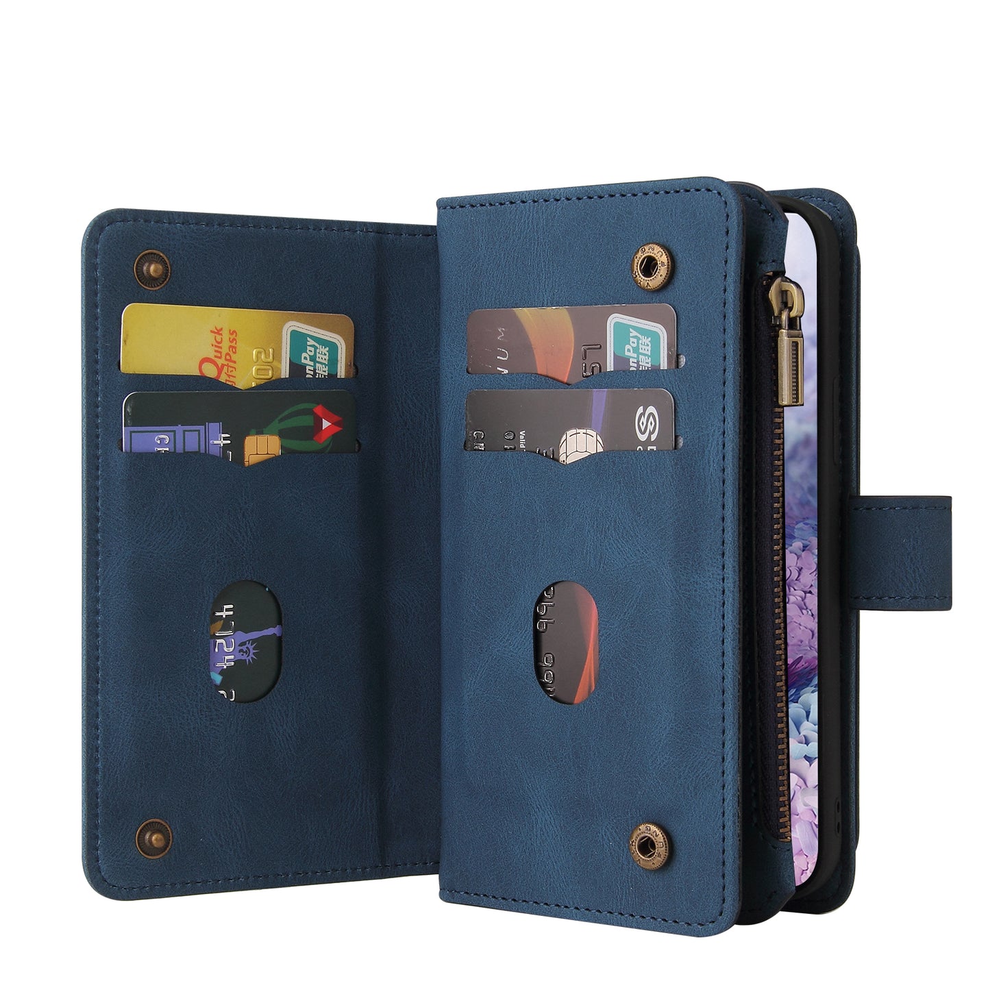 KT Multi-functional Series-2 PU Leather Flip Phone Case for Samsung Galaxy S20 Plus 4G/5G, Skin-touch Feel Drop Protection Cover with Zipper Pocket and Multiple Card Slots - Blue