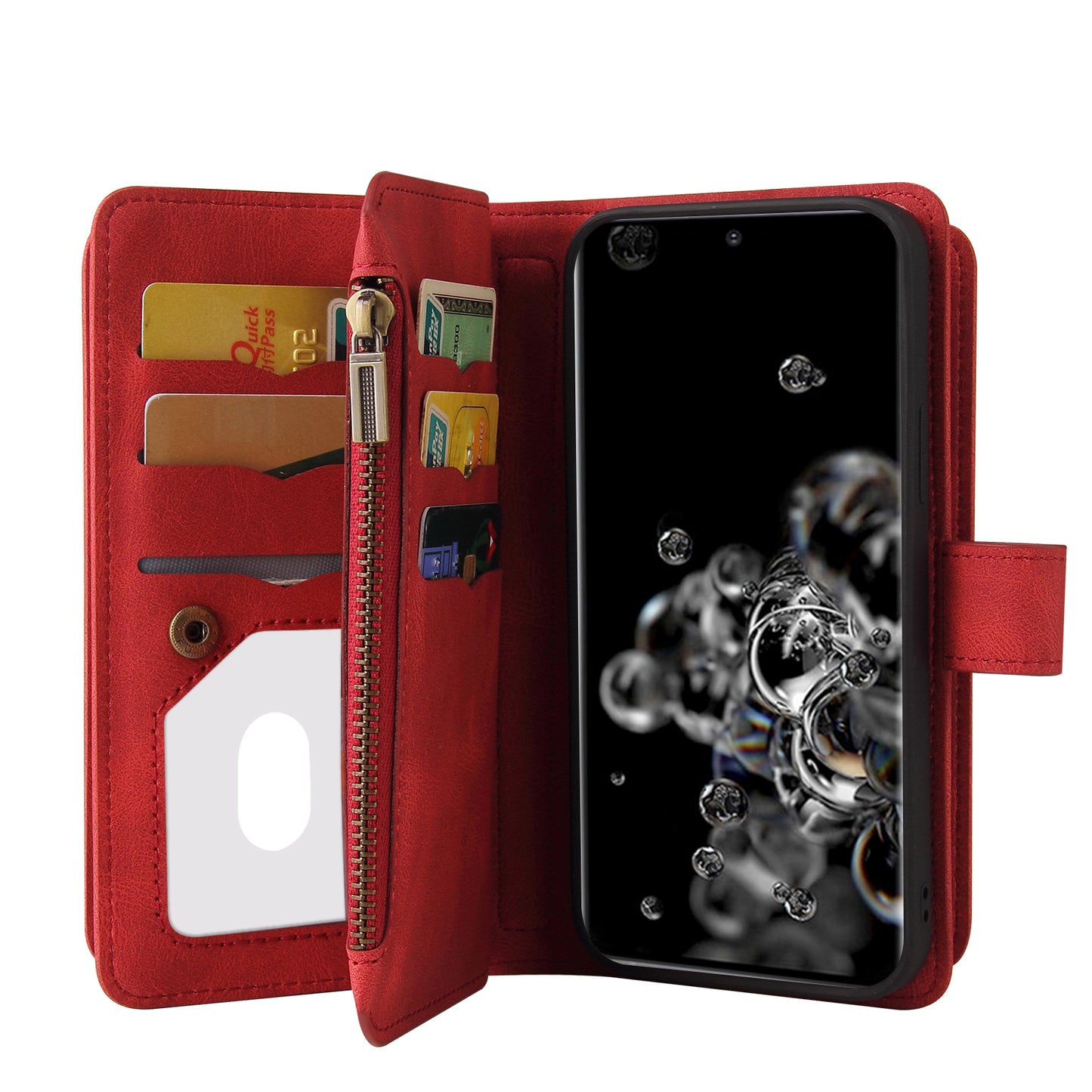 KT Multi-functional Series-2 Multiple Card Slots Skin-touch Feel Leather Flip Case for Samsung Galaxy S20 Ultra with Zipper Pocket Dustproof Phone Cover - Red