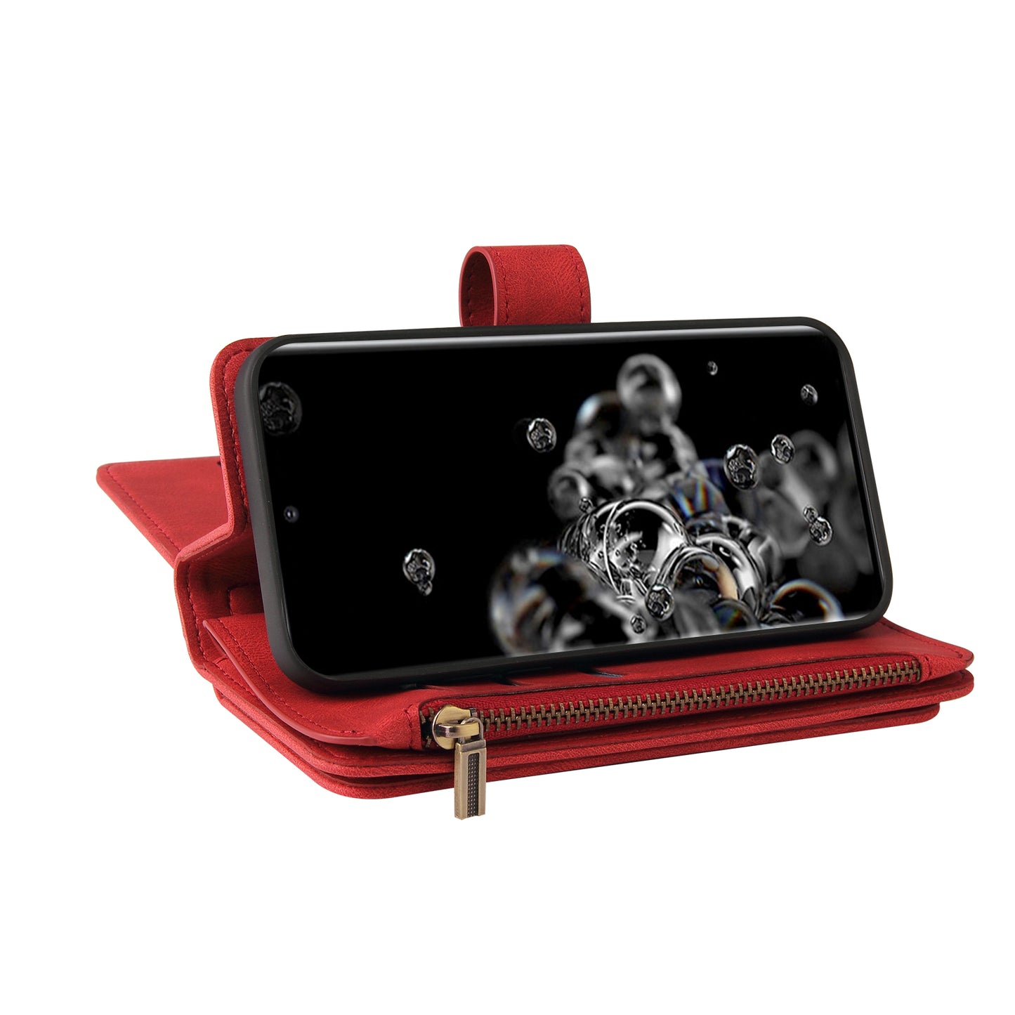 KT Multi-functional Series-2 Multiple Card Slots Skin-touch Feel Leather Flip Case for Samsung Galaxy S20 Ultra with Zipper Pocket Dustproof Phone Cover - Red