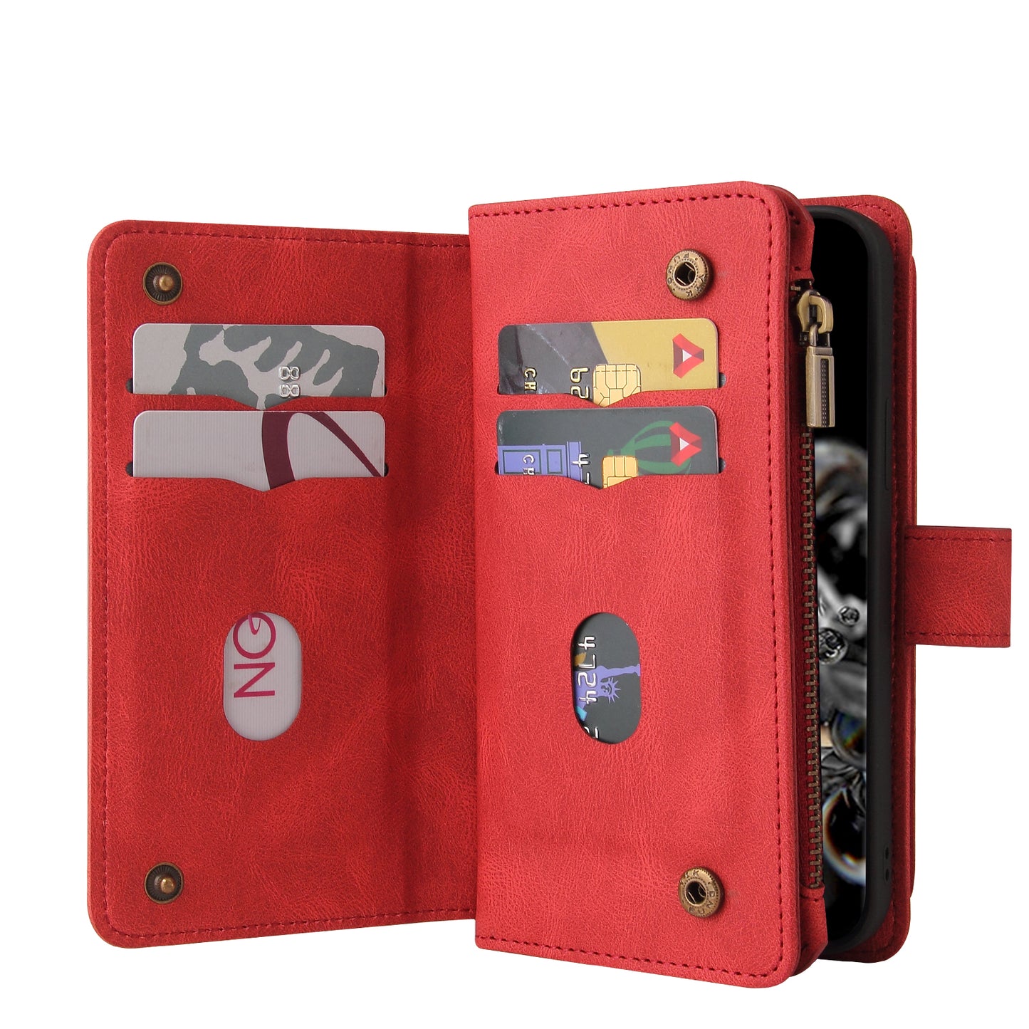 KT Multi-functional Series-2 Multiple Card Slots Skin-touch Feel Leather Flip Case for Samsung Galaxy S20 Ultra with Zipper Pocket Dustproof Phone Cover - Red