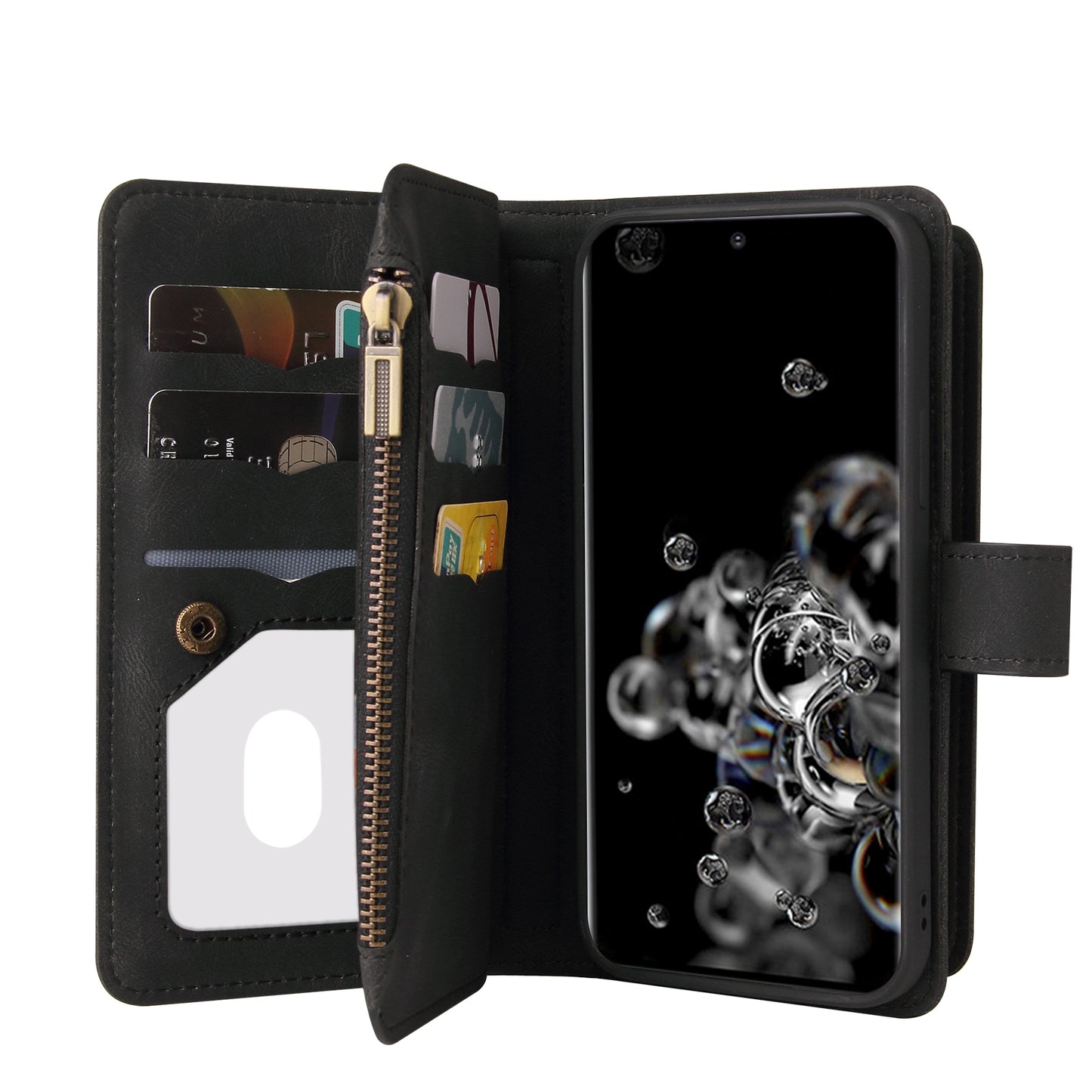 KT Multi-functional Series-2 Multiple Card Slots Skin-touch Feel Leather Flip Case for Samsung Galaxy S20 Ultra with Zipper Pocket Dustproof Phone Cover - Black