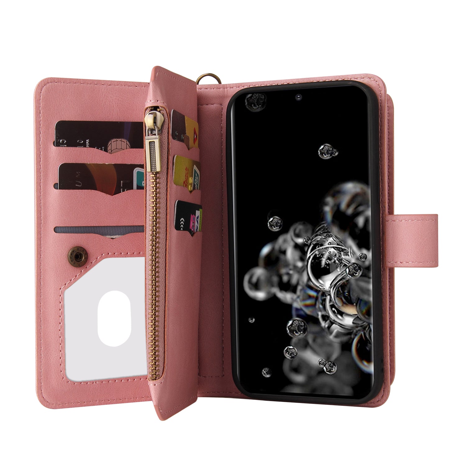 KT Multi-functional Series-2 Multiple Card Slots Skin-touch Feel Leather Flip Case for Samsung Galaxy S20 Ultra with Zipper Pocket Dustproof Phone Cover - Pink