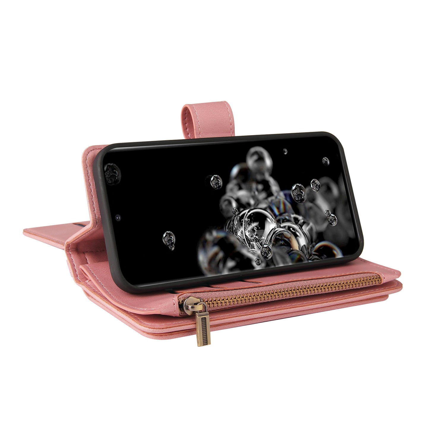 KT Multi-functional Series-2 Multiple Card Slots Skin-touch Feel Leather Flip Case for Samsung Galaxy S20 Ultra with Zipper Pocket Dustproof Phone Cover - Pink