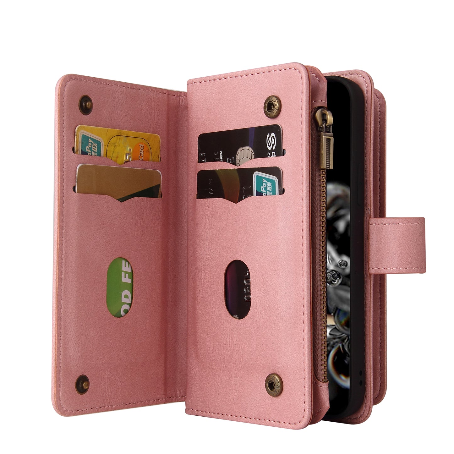 KT Multi-functional Series-2 Multiple Card Slots Skin-touch Feel Leather Flip Case for Samsung Galaxy S20 Ultra with Zipper Pocket Dustproof Phone Cover - Pink