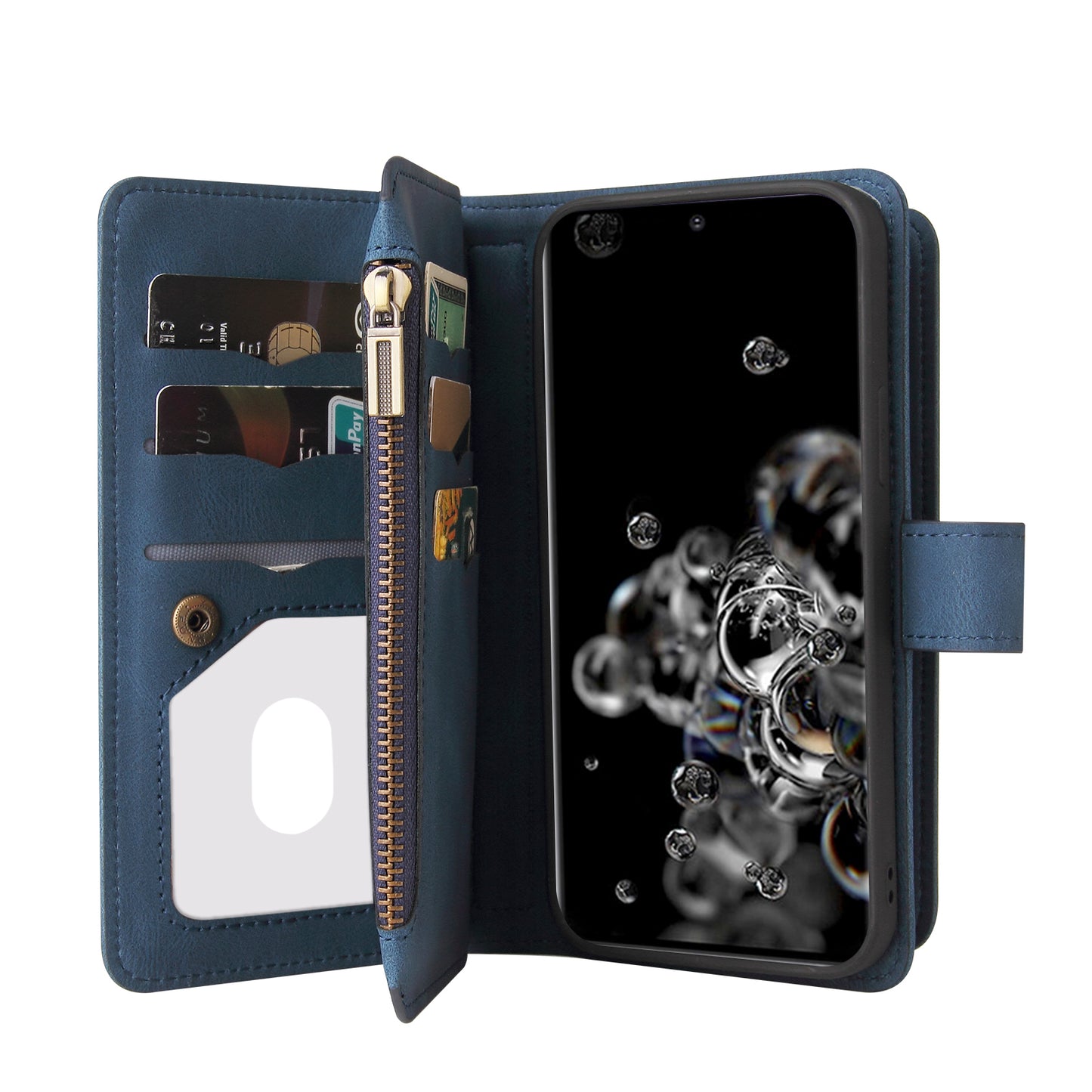KT Multi-functional Series-2 Multiple Card Slots Skin-touch Feel Leather Flip Case for Samsung Galaxy S20 Ultra with Zipper Pocket Dustproof Phone Cover - Blue