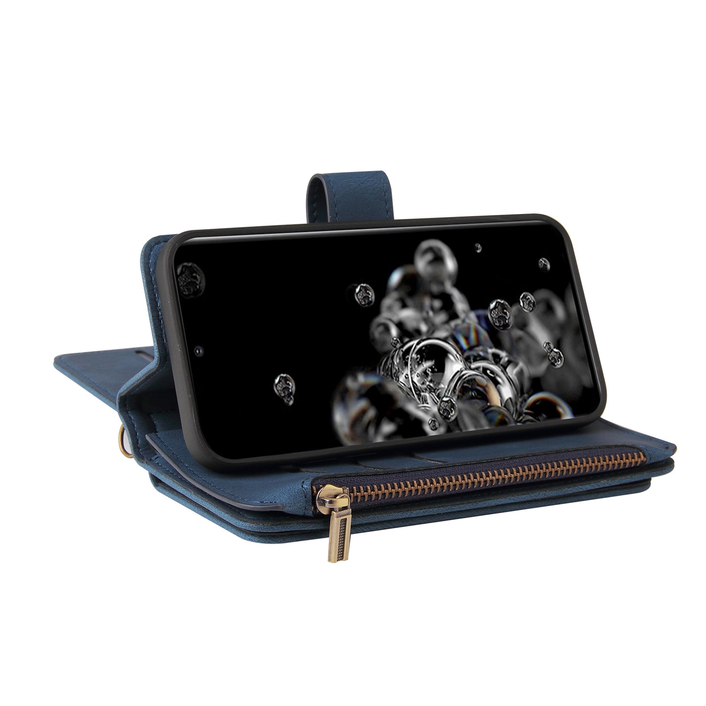 KT Multi-functional Series-2 Multiple Card Slots Skin-touch Feel Leather Flip Case for Samsung Galaxy S20 Ultra with Zipper Pocket Dustproof Phone Cover - Blue