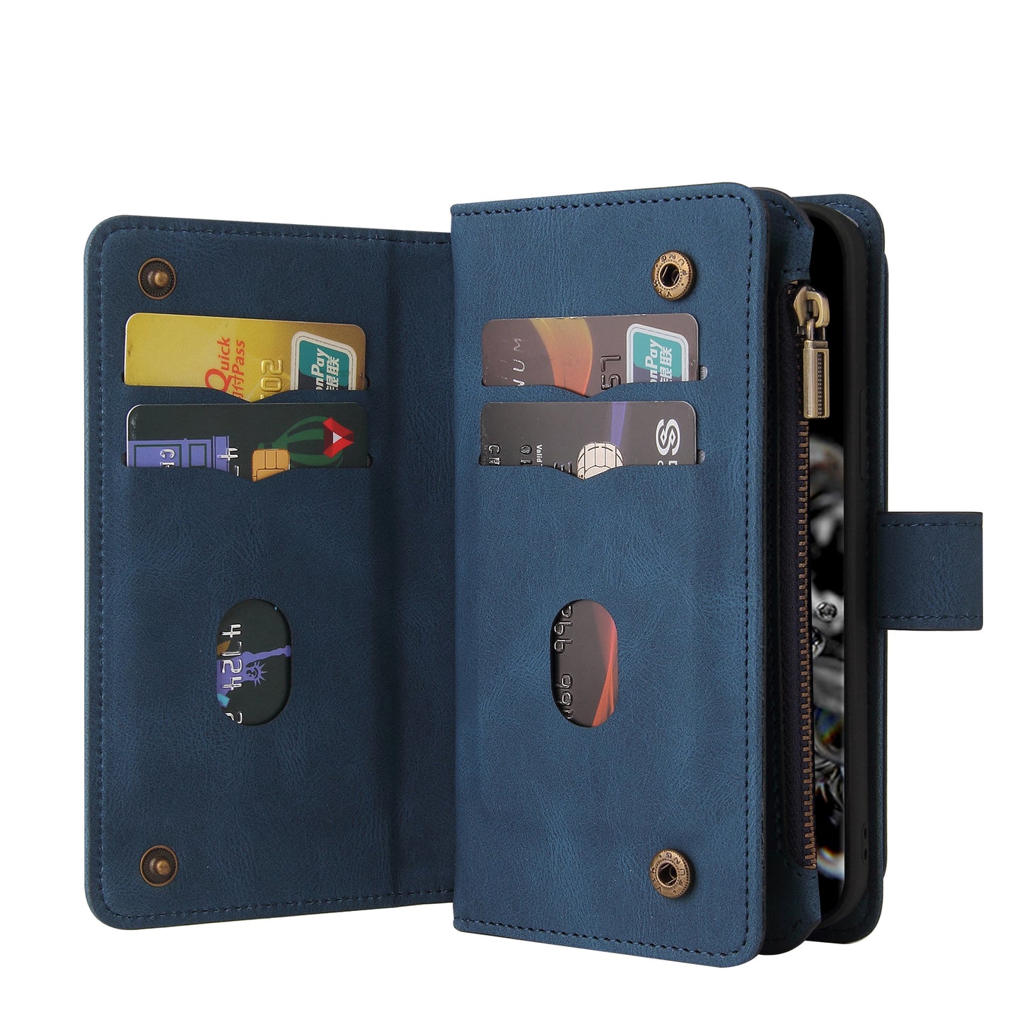 KT Multi-functional Series-2 Multiple Card Slots Skin-touch Feel Leather Flip Case for Samsung Galaxy S20 Ultra with Zipper Pocket Dustproof Phone Cover - Blue