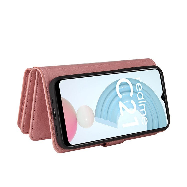 For Realme C21 KT Multi-functional Series-2 All-round Protection Skin-touch Feel Leather Wallet Stand Case with Multiple Card Slots and Zipper Pocket - Pink