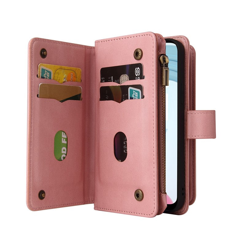 For Realme C21 KT Multi-functional Series-2 All-round Protection Skin-touch Feel Leather Wallet Stand Case with Multiple Card Slots and Zipper Pocket - Pink