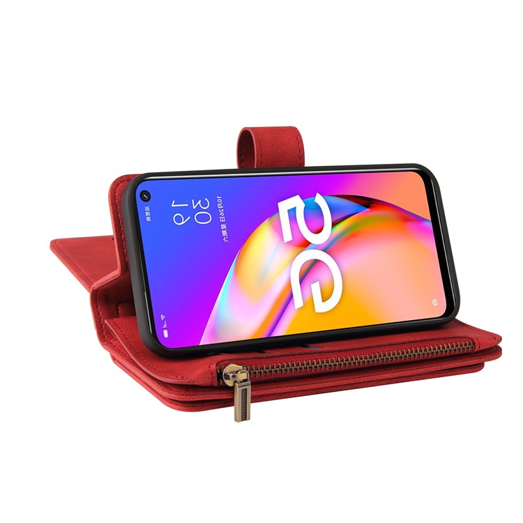 For Oppo A54 5G/A74 5G/A93 5G KT Multi-functional Series-2 Shockproof TPU Frame + Skin-touch Feel Leather Wallet Stand Case with Multiple Card Slots and Zipper Pocket - Red