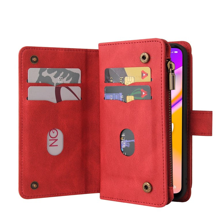 For Oppo A54 5G/A74 5G/A93 5G KT Multi-functional Series-2 Shockproof TPU Frame + Skin-touch Feel Leather Wallet Stand Case with Multiple Card Slots and Zipper Pocket - Red