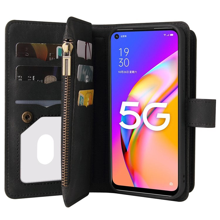 For Oppo A54 5G/A74 5G/A93 5G KT Multi-functional Series-2 Shockproof TPU Frame + Skin-touch Feel Leather Wallet Stand Case with Multiple Card Slots and Zipper Pocket - Black