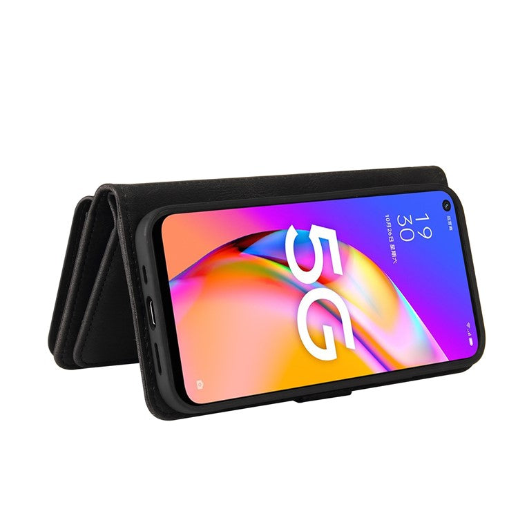 For Oppo A54 5G/A74 5G/A93 5G KT Multi-functional Series-2 Shockproof TPU Frame + Skin-touch Feel Leather Wallet Stand Case with Multiple Card Slots and Zipper Pocket - Black
