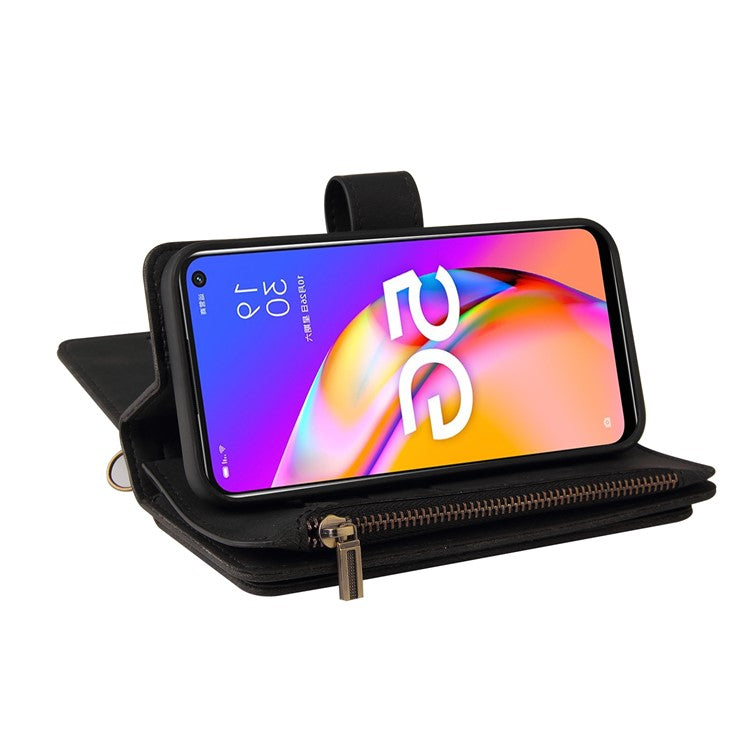 For Oppo A54 5G/A74 5G/A93 5G KT Multi-functional Series-2 Shockproof TPU Frame + Skin-touch Feel Leather Wallet Stand Case with Multiple Card Slots and Zipper Pocket - Black