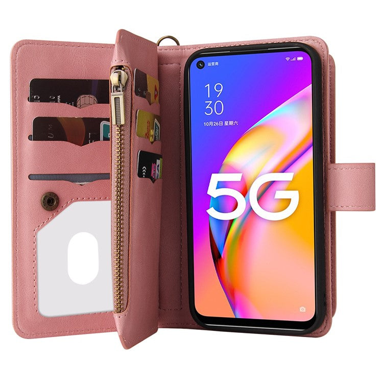 For Oppo A54 5G/A74 5G/A93 5G KT Multi-functional Series-2 Shockproof TPU Frame + Skin-touch Feel Leather Wallet Stand Case with Multiple Card Slots and Zipper Pocket - Pink
