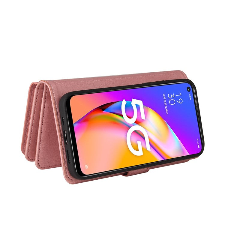 For Oppo A54 5G/A74 5G/A93 5G KT Multi-functional Series-2 Shockproof TPU Frame + Skin-touch Feel Leather Wallet Stand Case with Multiple Card Slots and Zipper Pocket - Pink