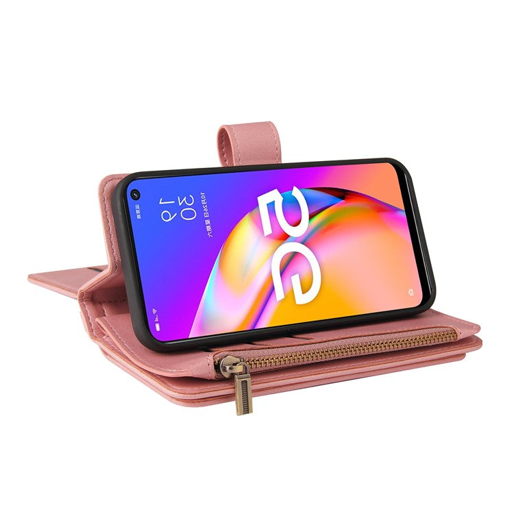 For Oppo A54 5G/A74 5G/A93 5G KT Multi-functional Series-2 Shockproof TPU Frame + Skin-touch Feel Leather Wallet Stand Case with Multiple Card Slots and Zipper Pocket - Pink