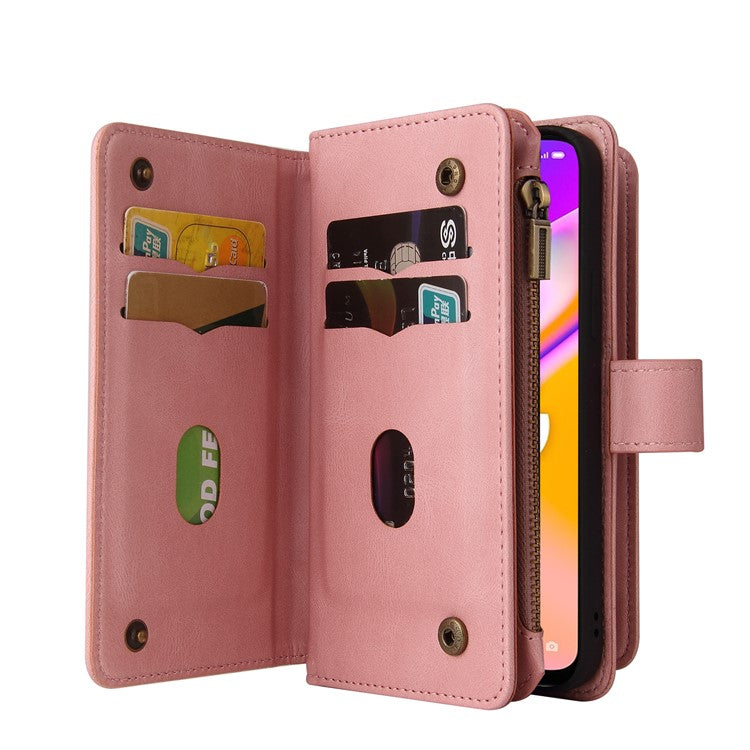 For Oppo A54 5G/A74 5G/A93 5G KT Multi-functional Series-2 Shockproof TPU Frame + Skin-touch Feel Leather Wallet Stand Case with Multiple Card Slots and Zipper Pocket - Pink