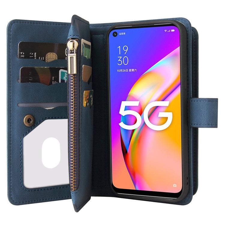For Oppo A54 5G/A74 5G/A93 5G KT Multi-functional Series-2 Shockproof TPU Frame + Skin-touch Feel Leather Wallet Stand Case with Multiple Card Slots and Zipper Pocket - Blue