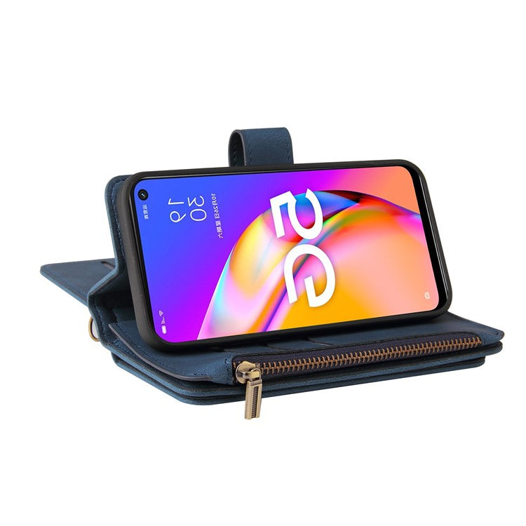 For Oppo A54 5G/A74 5G/A93 5G KT Multi-functional Series-2 Shockproof TPU Frame + Skin-touch Feel Leather Wallet Stand Case with Multiple Card Slots and Zipper Pocket - Blue