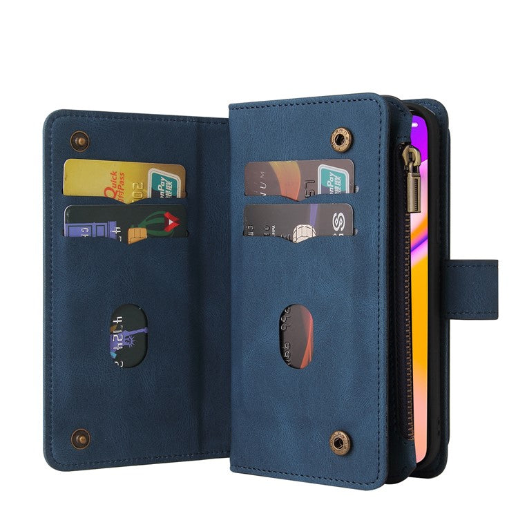 For Oppo A54 5G/A74 5G/A93 5G KT Multi-functional Series-2 Shockproof TPU Frame + Skin-touch Feel Leather Wallet Stand Case with Multiple Card Slots and Zipper Pocket - Blue