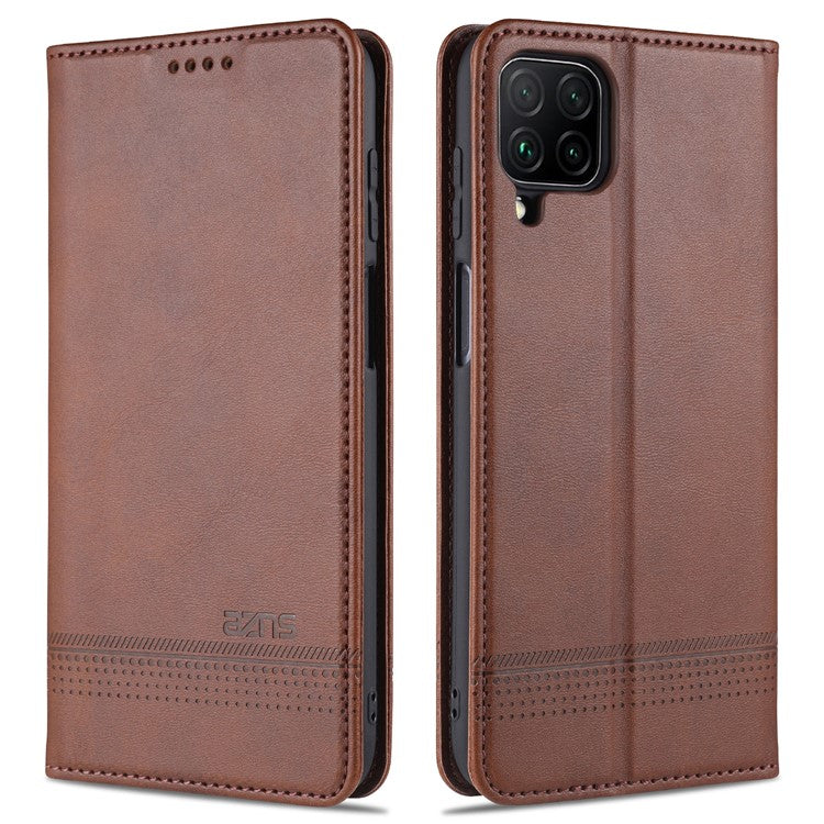 AZNS Wallet Design PU Leather Shockproof Phone Cover Case for Samsung Galaxy M32 (Global Version) - Coffee