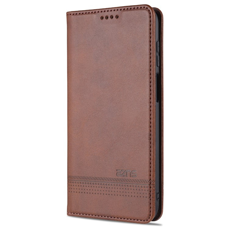AZNS Wallet Design PU Leather Shockproof Phone Cover Case for Samsung Galaxy M32 (Global Version) - Coffee