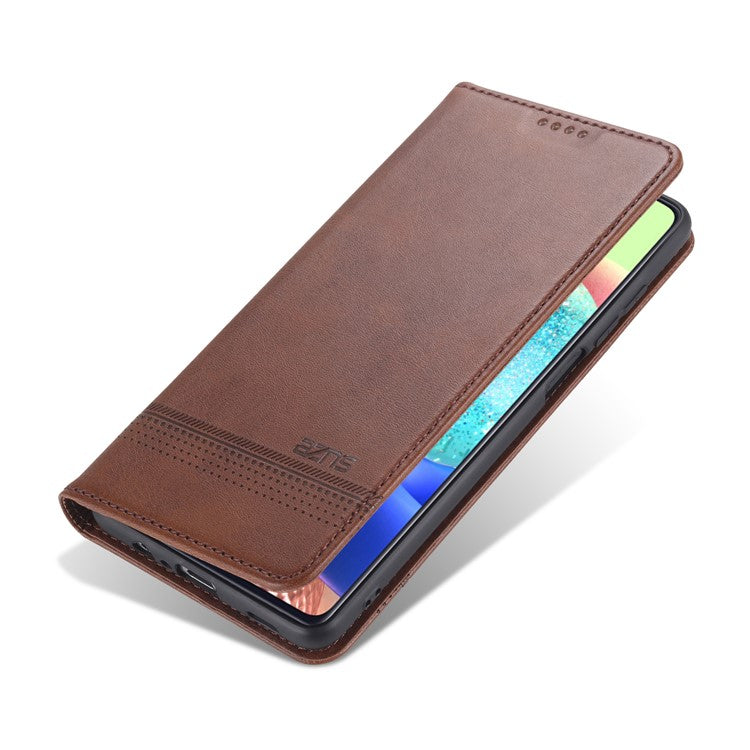 AZNS Wallet Design PU Leather Shockproof Phone Cover Case for Samsung Galaxy M32 (Global Version) - Coffee