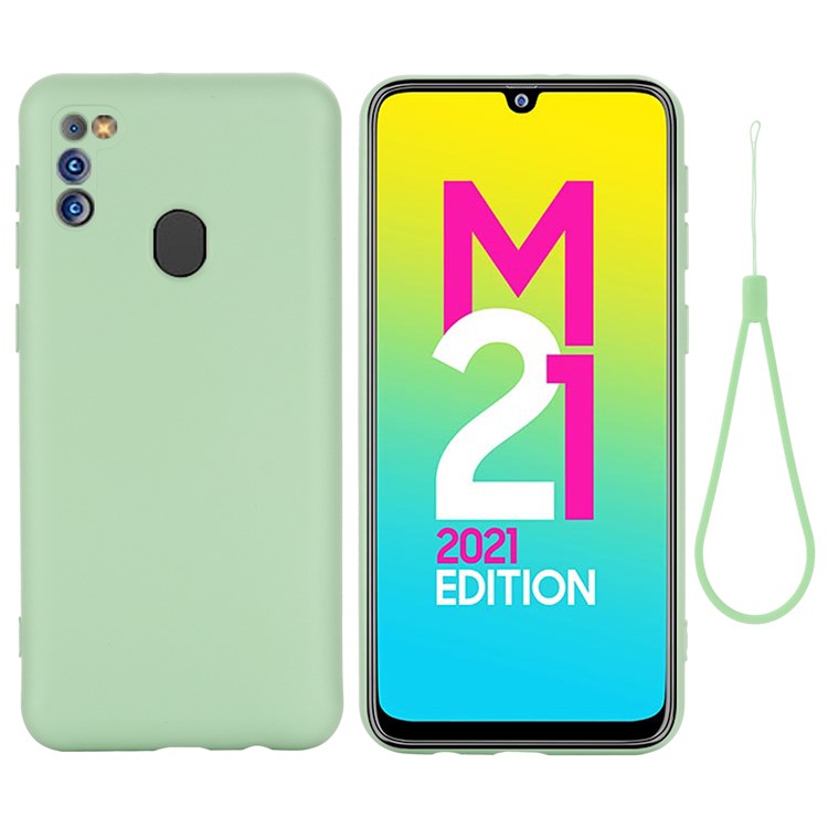 Anti-Scratch Microfiber Liner Shock Absorption Liquid Silicone Case with Strap for Samsung Galaxy M21 2021 - Green