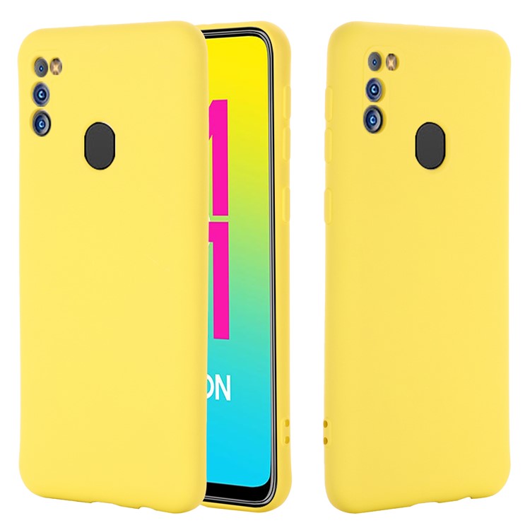 Anti-Scratch Microfiber Liner Shock Absorption Liquid Silicone Case with Strap for Samsung Galaxy M21 2021 - Yellow