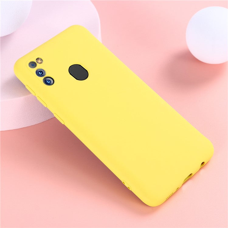 Anti-Scratch Microfiber Liner Shock Absorption Liquid Silicone Case with Strap for Samsung Galaxy M21 2021 - Yellow