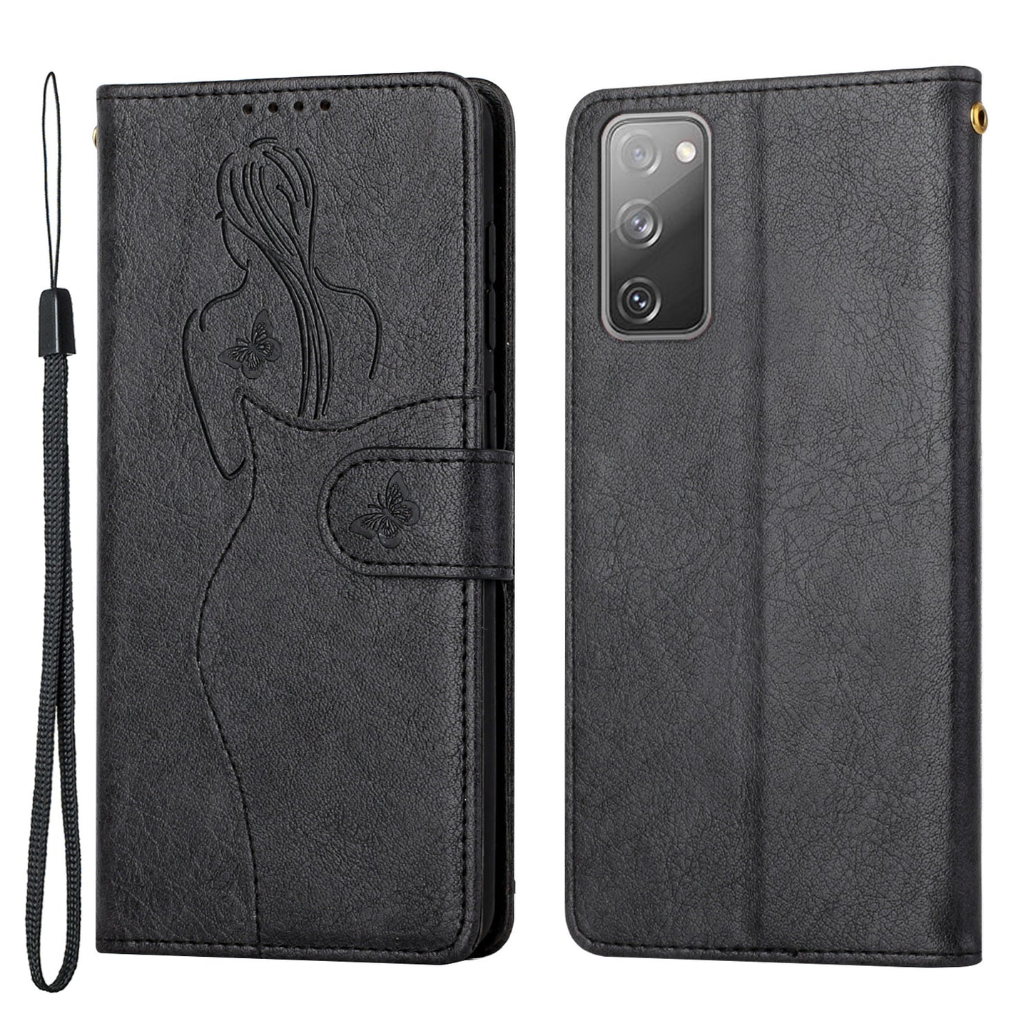All-round Protection Imprinting Girl Pattern Leather Phone Case Wallet Stand Cover for Samsung Galaxy S20 FE 4G/5G/S20 Lite/S20 FE 2022 - Black