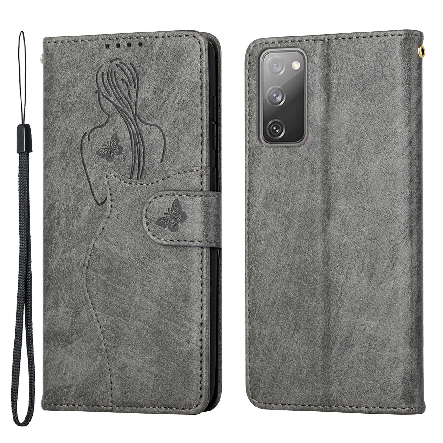 All-round Protection Imprinting Girl Pattern Leather Phone Case Wallet Stand Cover for Samsung Galaxy S20 FE 4G/5G/S20 Lite/S20 FE 2022 - Grey