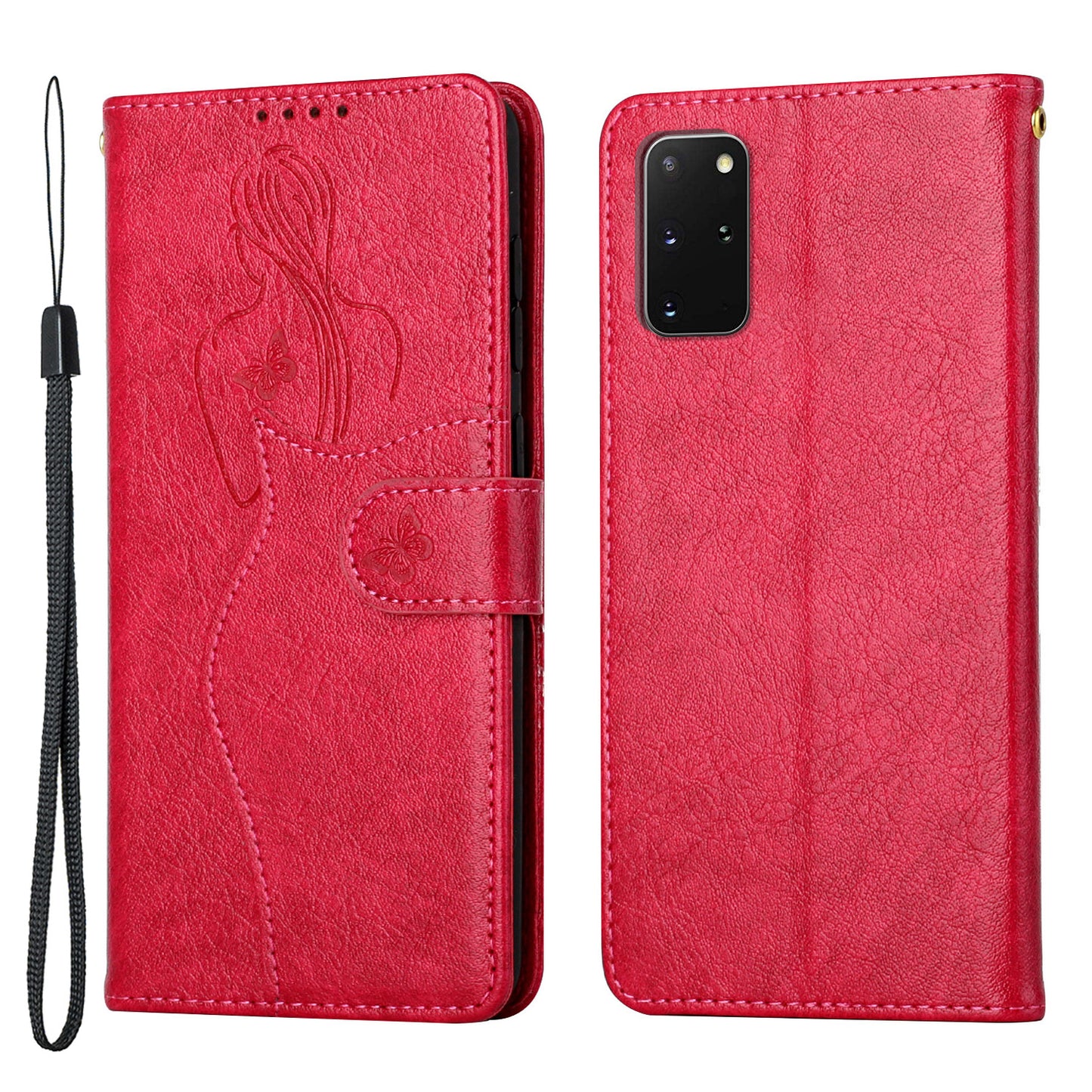 Girl Pattern Imprinted Wallet Stand Leather Case Shell with Strap for Samsung Galaxy S20 Plus 4G/5G - Red