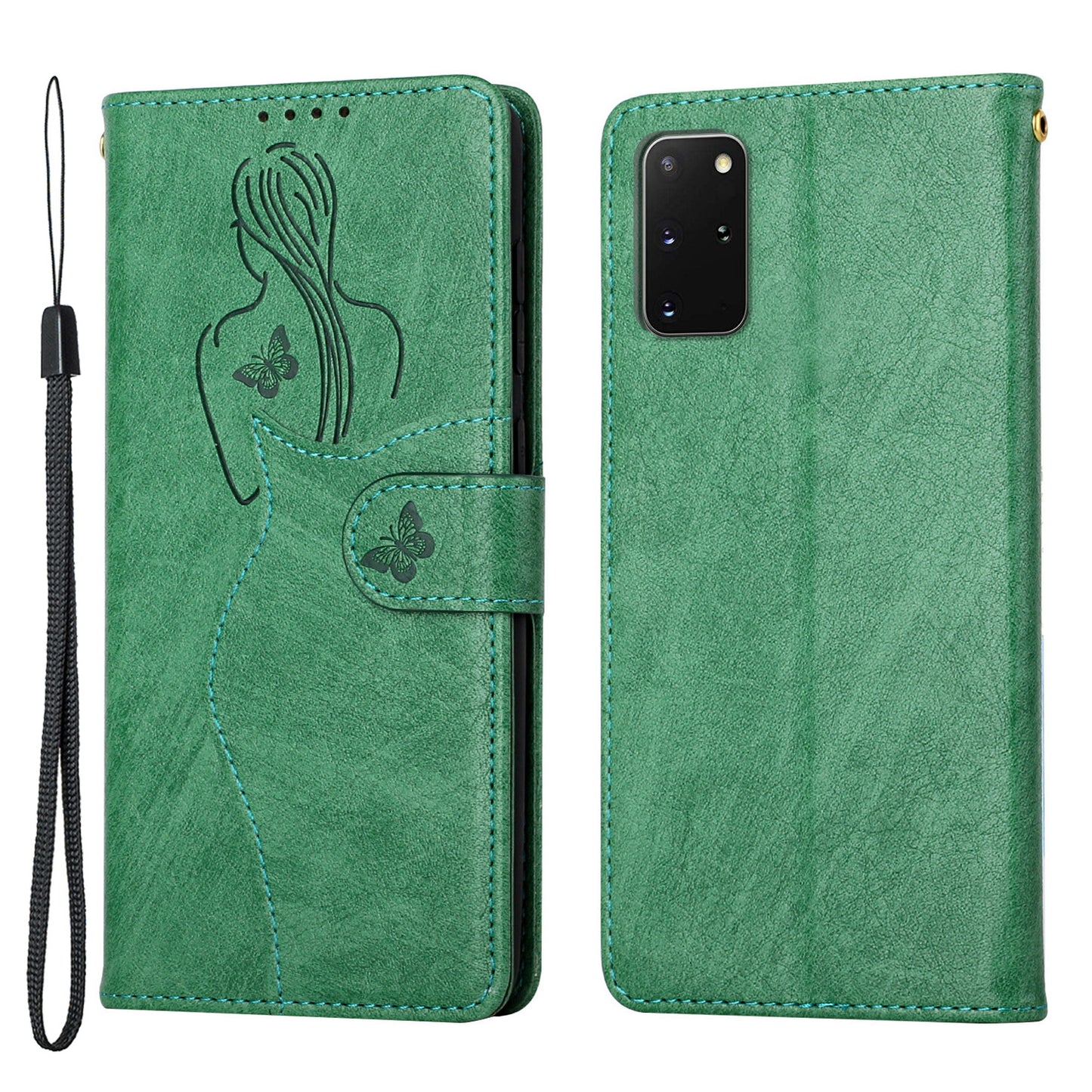 Girl Pattern Imprinted Wallet Stand Leather Case Shell with Strap for Samsung Galaxy S20 Plus 4G/5G - Green