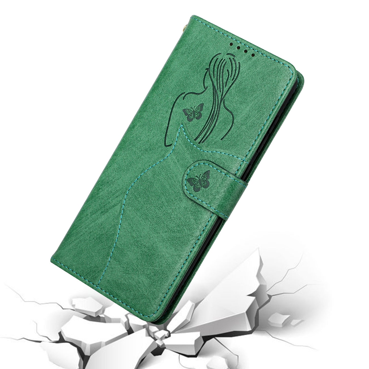 Girl Pattern Imprinted Wallet Stand Leather Case Shell with Strap for Samsung Galaxy S20 Plus 4G/5G - Green