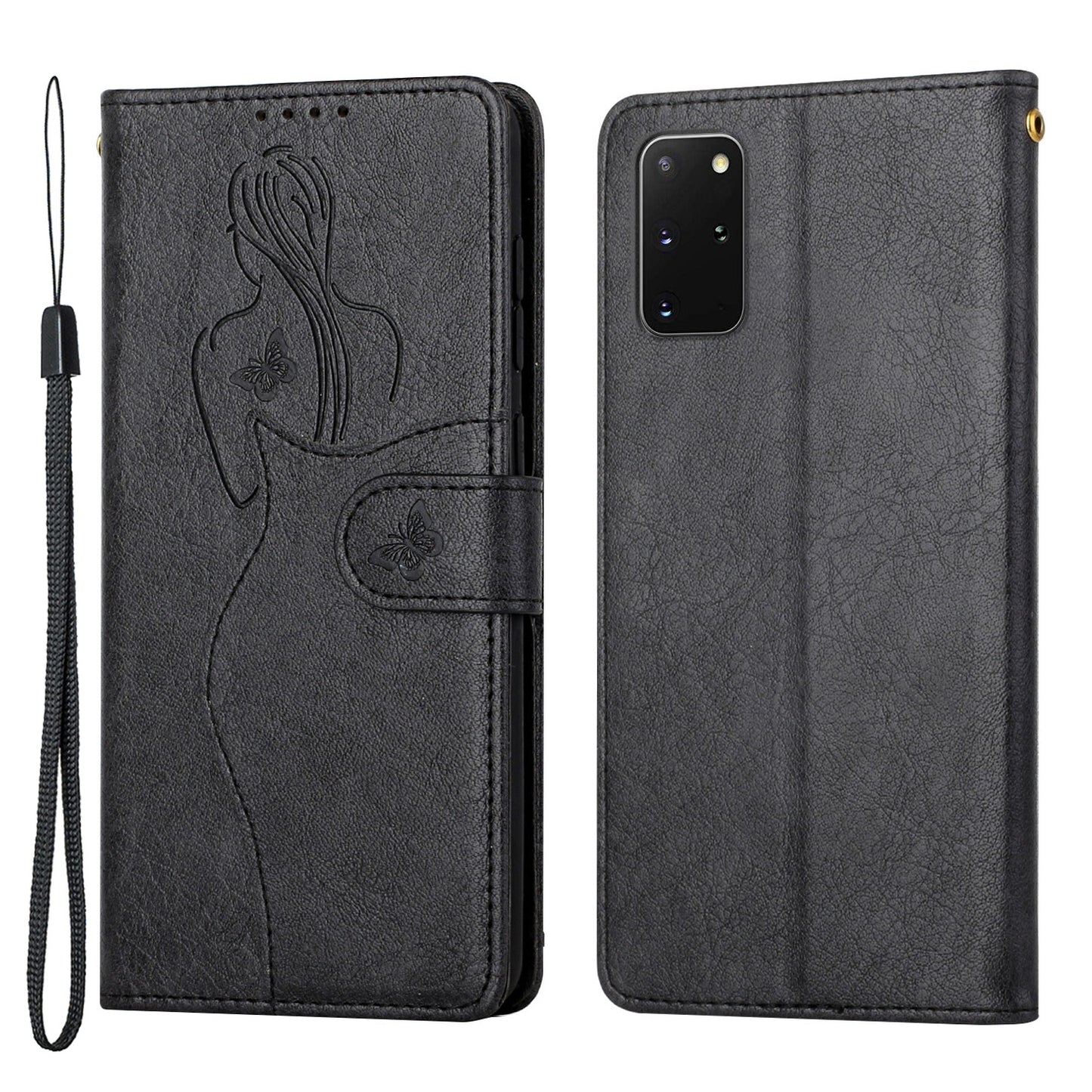 Girl Pattern Imprinted Wallet Stand Leather Case Shell with Strap for Samsung Galaxy S20 Plus 4G/5G - Black