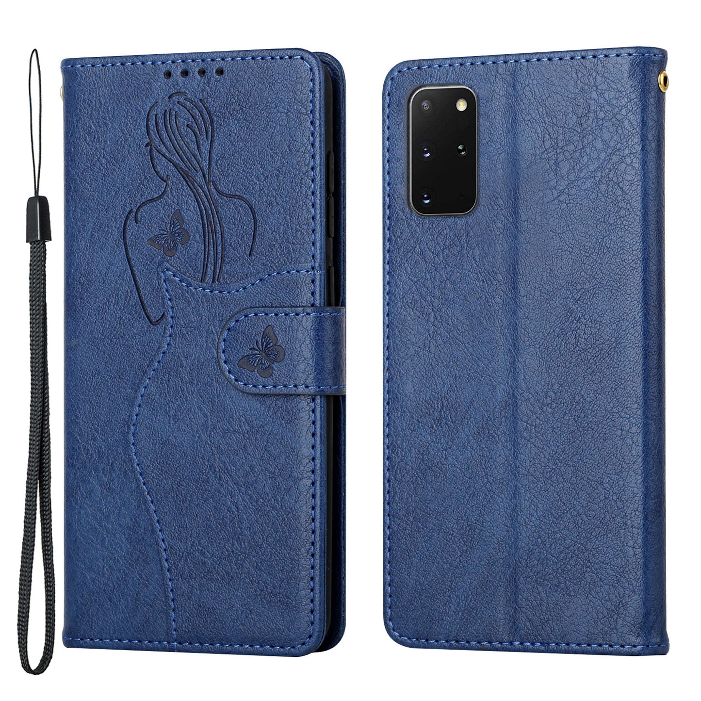 Girl Pattern Imprinted Wallet Stand Leather Case Shell with Strap for Samsung Galaxy S20 Plus 4G/5G - Blue
