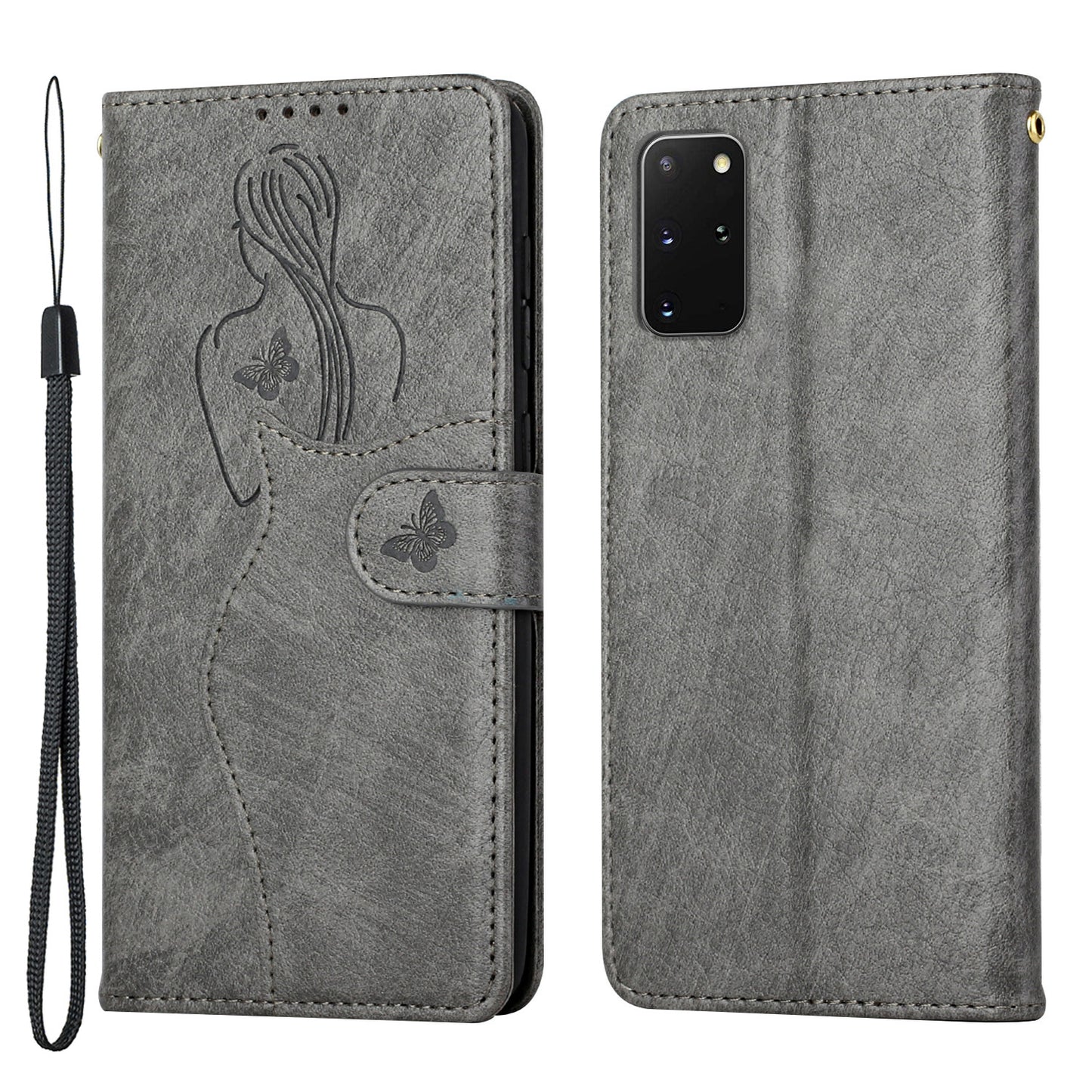 Girl Pattern Imprinted Wallet Stand Leather Case Shell with Strap for Samsung Galaxy S20 Plus 4G/5G - Grey