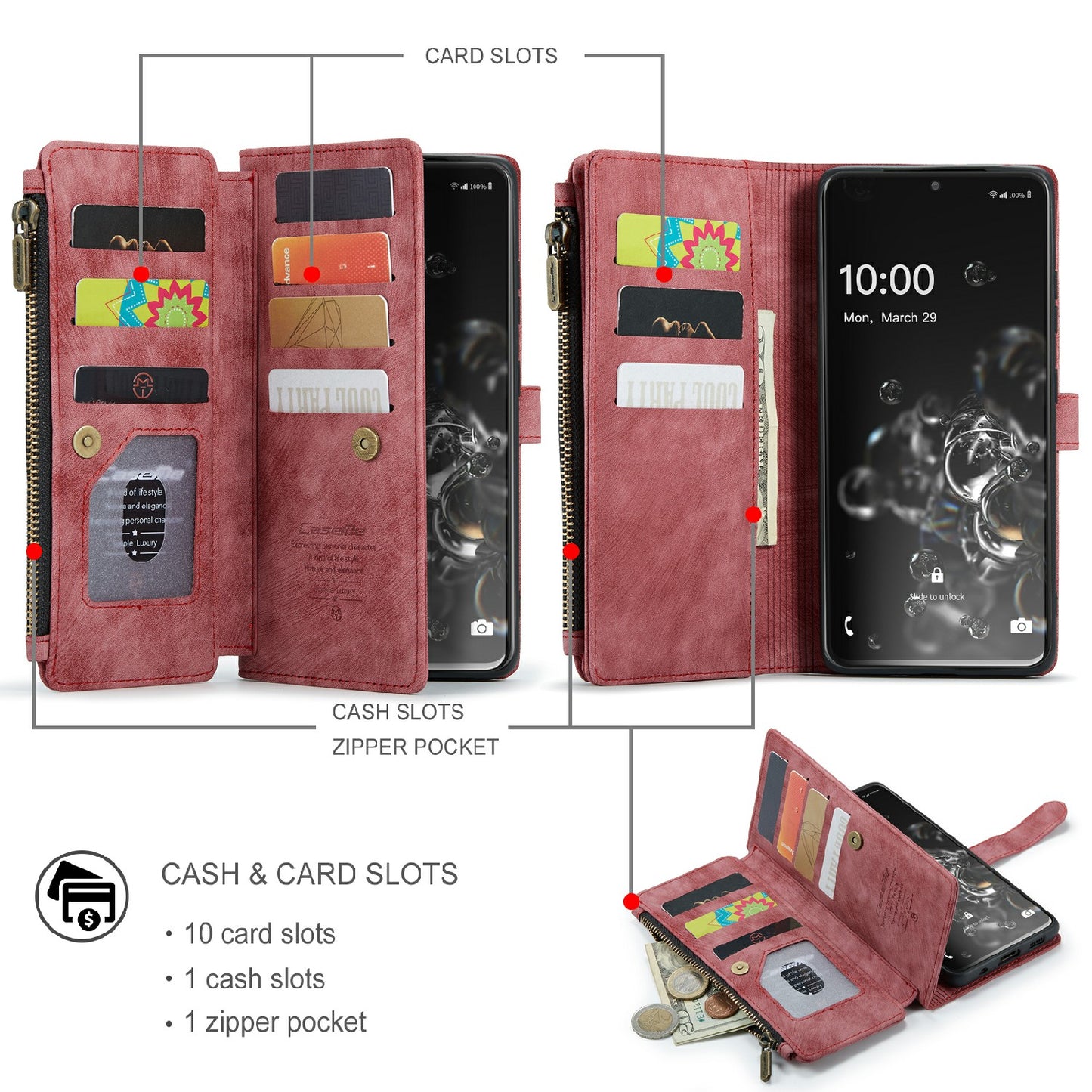 CASEME C30 Series For Samsung Galaxy S20 Ultra Scratch Resistant Supporting Stand Design Zipper Pocket Shockproof PU Leather TPU Wallet Cover Flip Case Phone Case - Red