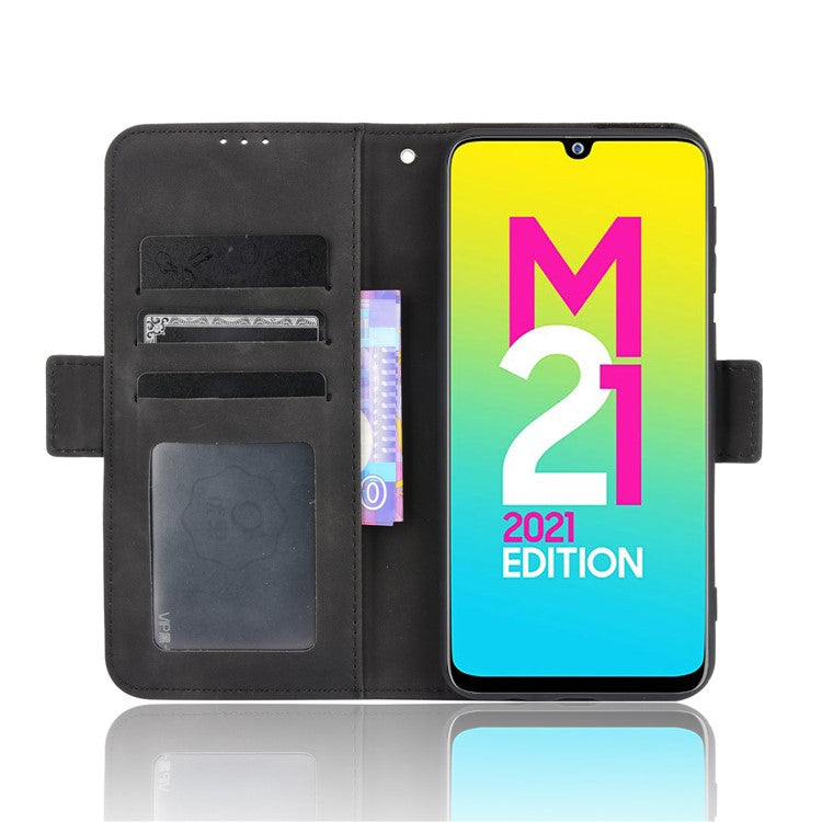 For Samsung Galaxy M21 2021 Flip Phone Case PU Leather+TPU Phone Cover Multiple Card Slot Practical Wallet Stand Protective Case - Black