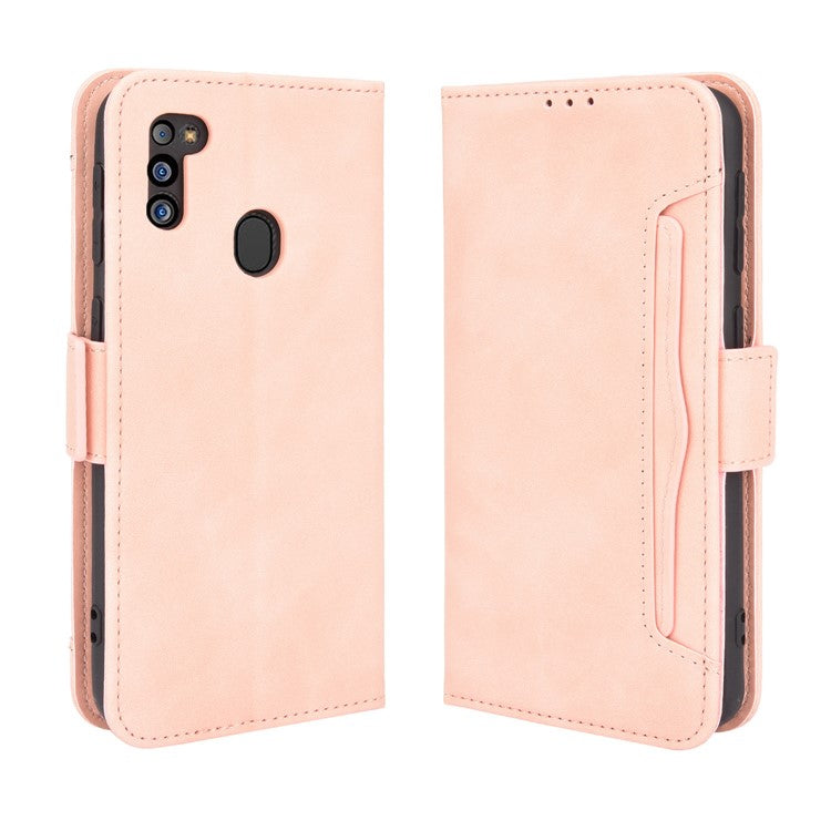 For Samsung Galaxy M21 2021 Flip Phone Case PU Leather+TPU Phone Cover Multiple Card Slot Practical Wallet Stand Protective Case - Pink