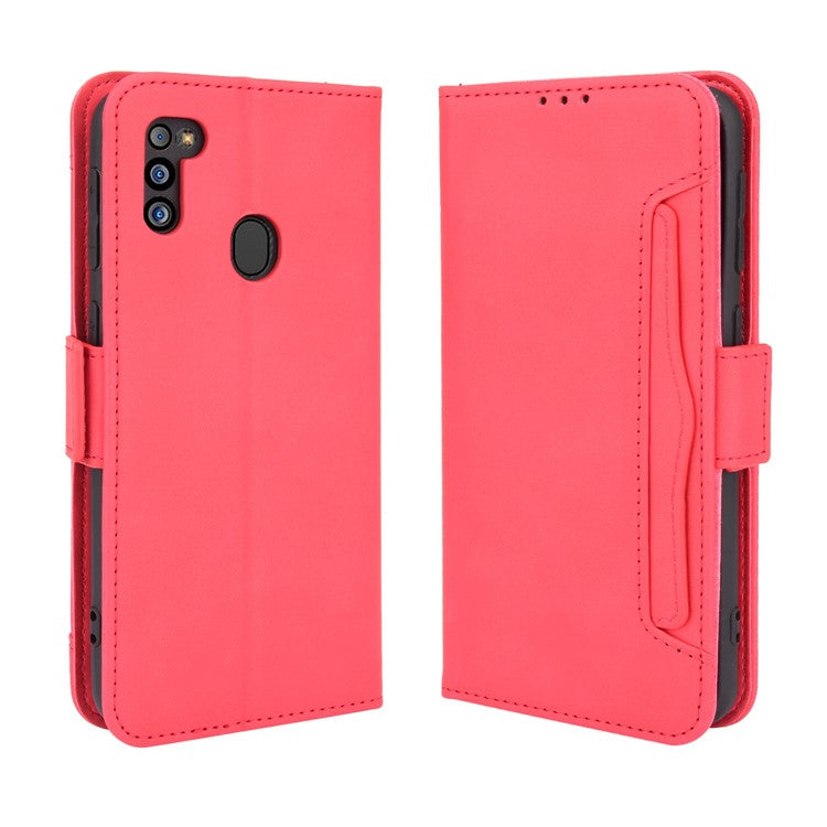 For Samsung Galaxy M21 2021 Flip Phone Case PU Leather+TPU Phone Cover Multiple Card Slot Practical Wallet Stand Protective Case - Red
