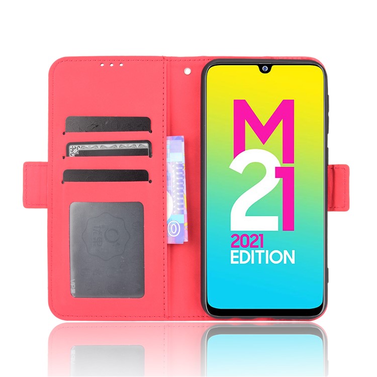 For Samsung Galaxy M21 2021 Flip Phone Case PU Leather+TPU Phone Cover Multiple Card Slot Practical Wallet Stand Protective Case - Red