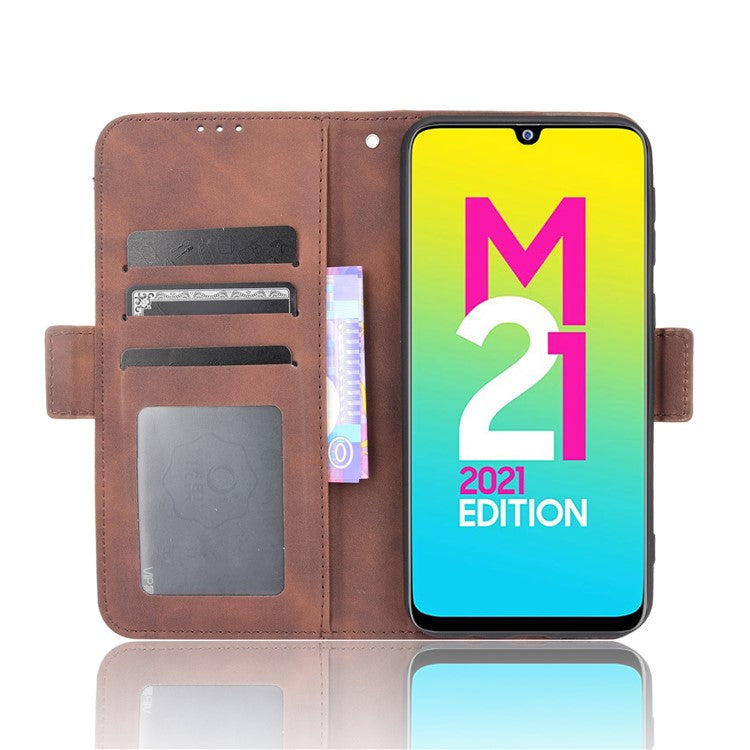 For Samsung Galaxy M21 2021 Flip Phone Case PU Leather+TPU Phone Cover Multiple Card Slot Practical Wallet Stand Protective Case - Brown