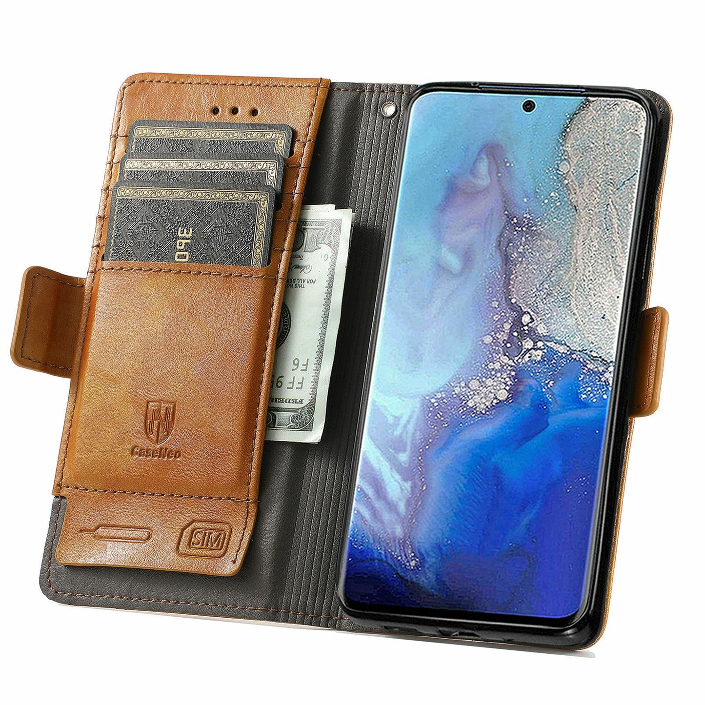 CASENEO 002 Series All-inclusive Protection Business Style Splicing PU Leather Stand Wallet Case for Samsung Galaxy S20 Plus 4G/5G - Light Brown